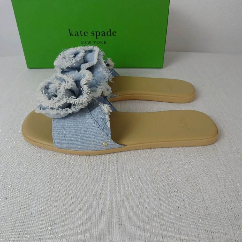 Kate Spade Women's Flourish Denim Flower Flat Sandals Slip Ons Flower New 7.5